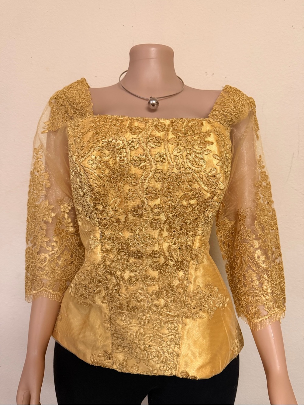Gold Embroidered Lace Square-Neck Blouse